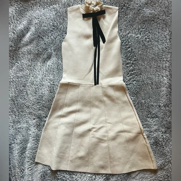 ZARA Knit Dress with Tie Elegant -Cream-Eggshell Sleeveless Dress with Black Bow - Picture 5 of 7